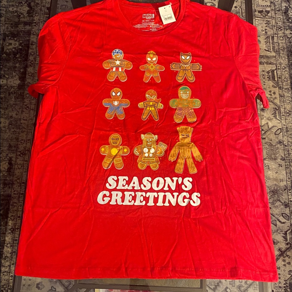 New Marvel Red Holiday T-Shirt with Gingerbread Heroes